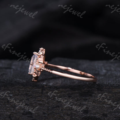 Emerald Cut Moonstone Ring, Opal Pearl, Art Deco Fine Jewelry - PENFINE