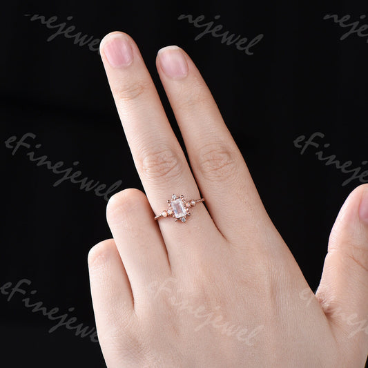 Emerald Cut Moonstone Ring, Opal Pearl, Art Deco Fine Jewelry - PENFINE
