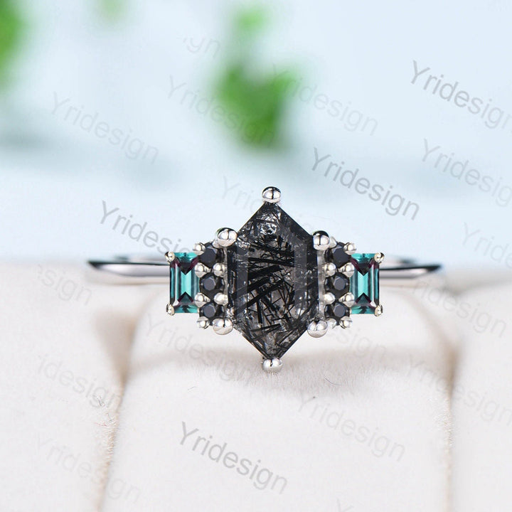 Vintage Long Hexagon Black Rutilated Quartz Engagement Ring  Black Gemstone Baguette Alexandrite Cluster Ring Unique Wedding Bridal Gift - PENFINE