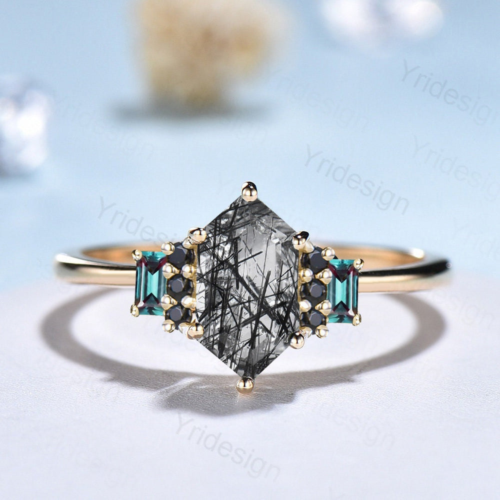 Vintage Long Hexagon Black Rutilated Quartz Engagement Ring  Black Gemstone Baguette Alexandrite Cluster Ring Unique Wedding Bridal Gift - PENFINE