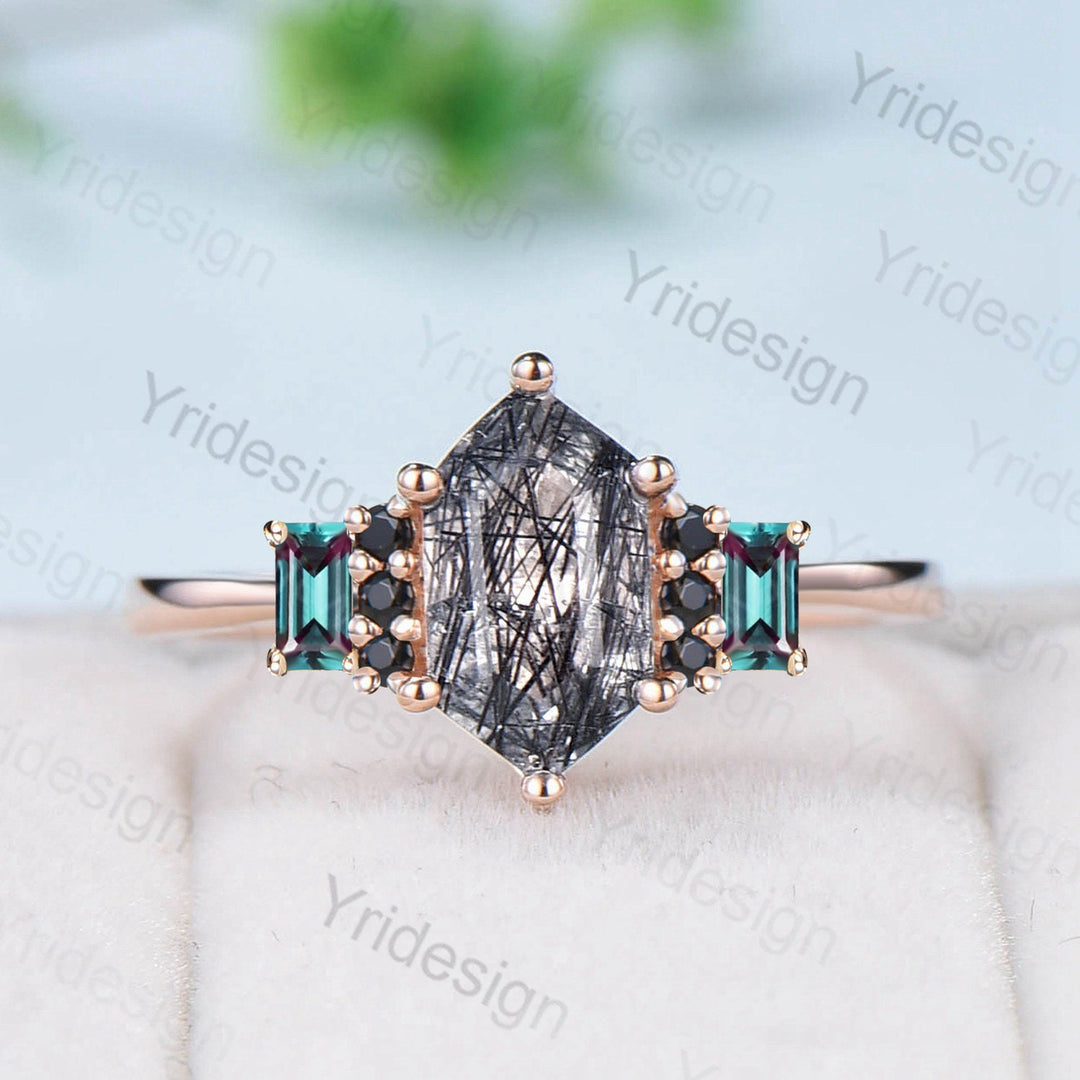 Vintage Long Hexagon Black Rutilated Quartz Engagement Ring  Black Gemstone Baguette Alexandrite Cluster Ring Unique Wedding Bridal Gift - PENFINE