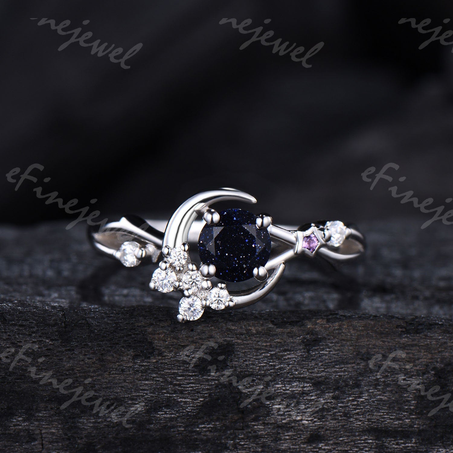 Blue Sandstone Engagement Ring, Moon Star Amethyst Wedding Ring - PENFINE