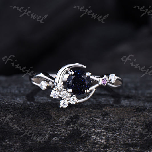Blue Sandstone Engagement Ring, Moon Star Amethyst Wedding Ring - PENFINE