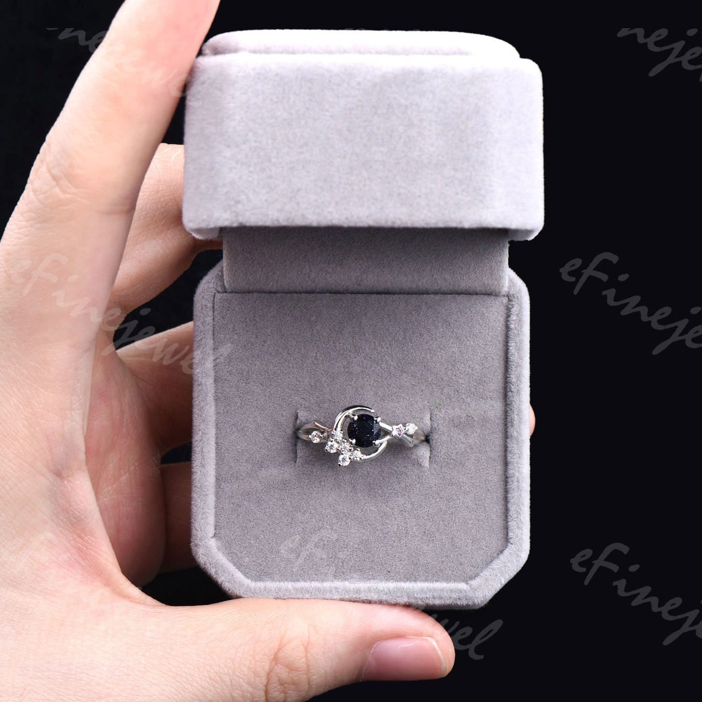Blue Sandstone Engagement Ring, Moon Star Amethyst Wedding Ring - PENFINE
