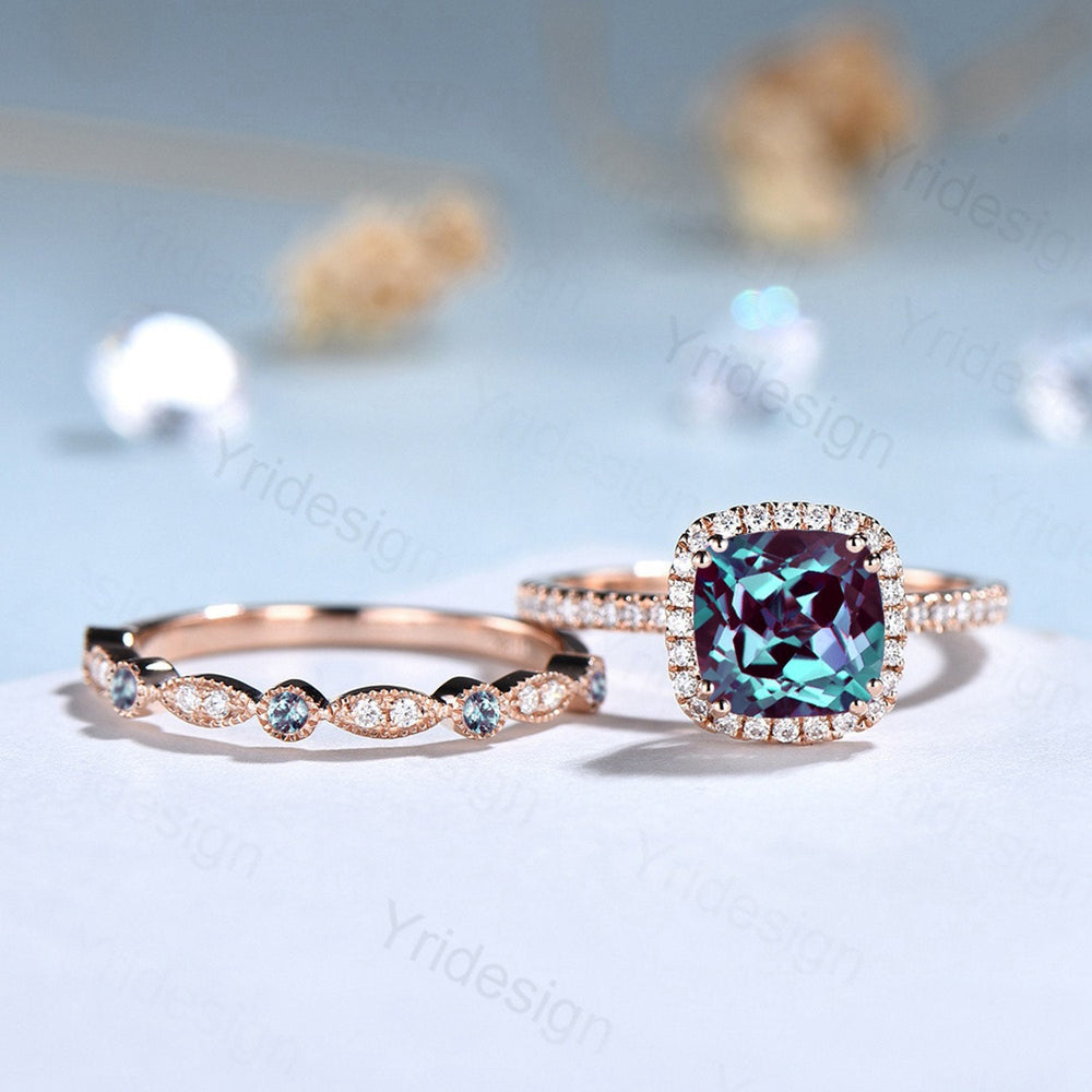 Vintage Cushion alexandrite wedding ring set 14k rose gold vintage alexandrite engagement ring set women Art deco halo diamond bridal set - PENFINE