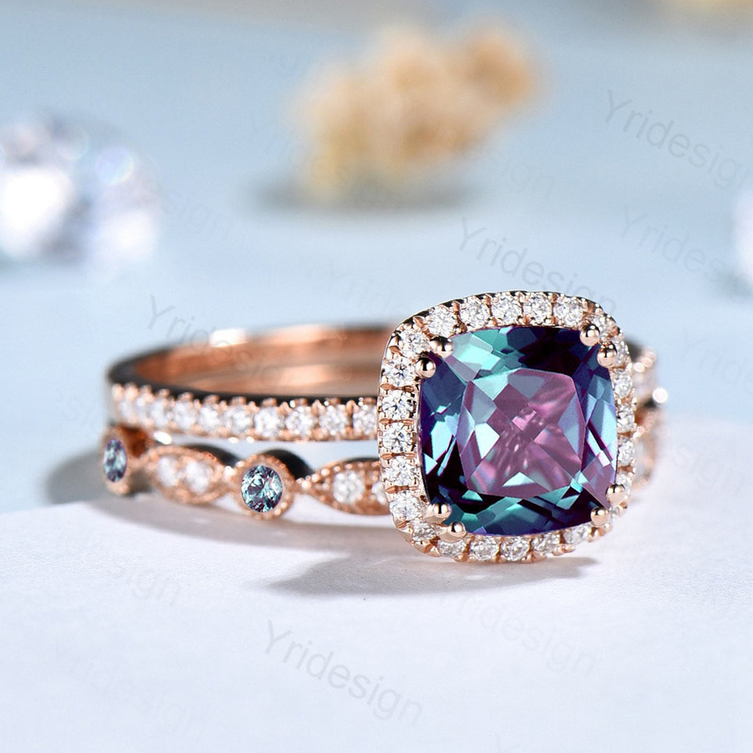 Vintage Cushion alexandrite wedding ring set 14k rose gold vintage alexandrite engagement ring set women Art deco halo diamond bridal set - PENFINE