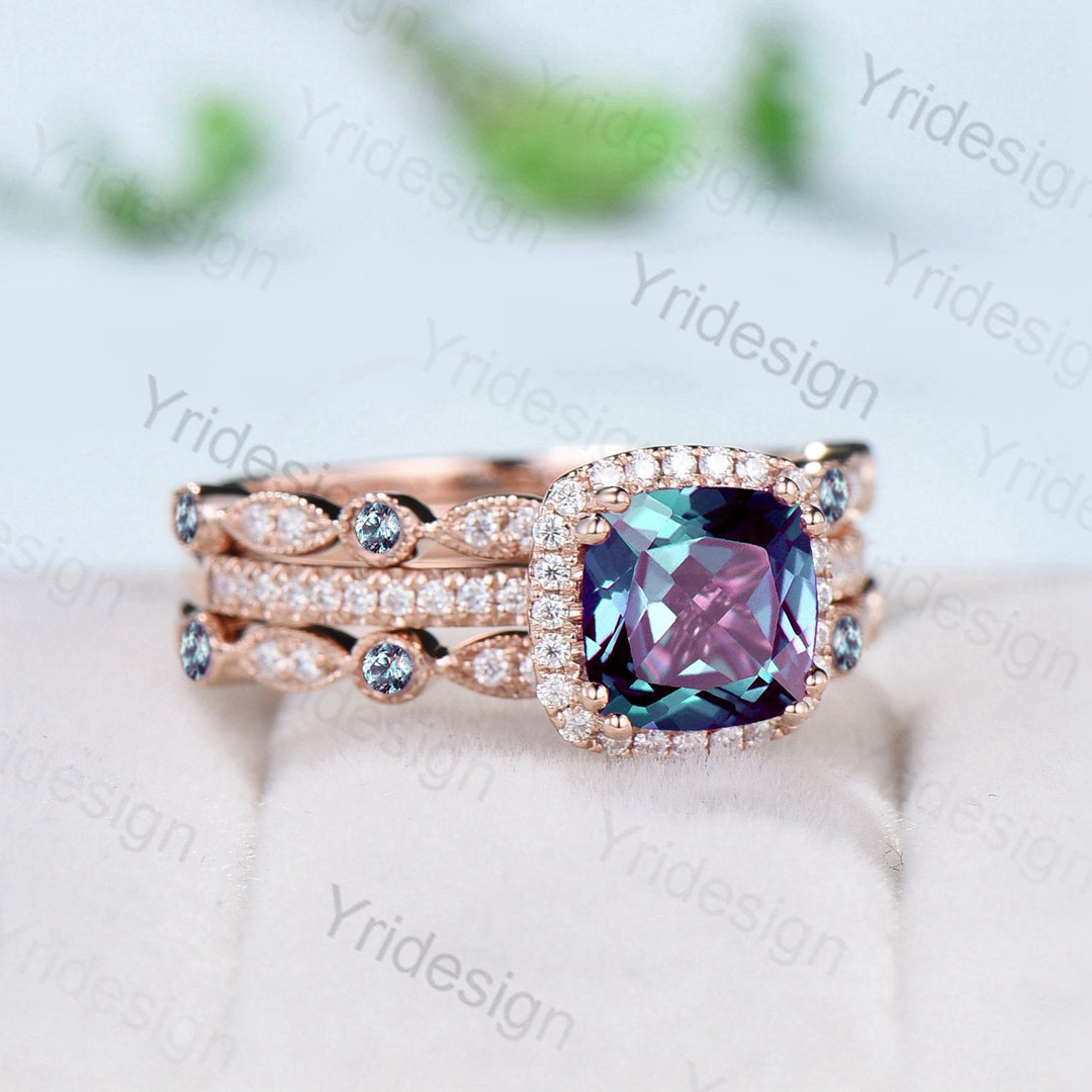 Vintage Cushion alexandrite wedding ring set 14k rose gold vintage alexandrite engagement ring set women Art deco halo diamond bridal set - PENFINE