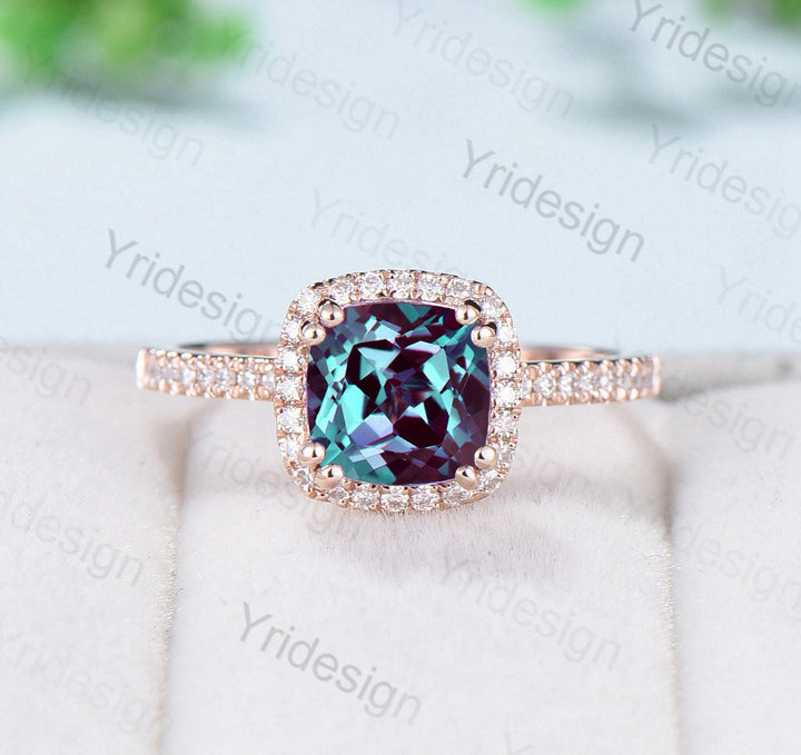 Vintage Cushion alexandrite wedding ring set 14k rose gold vintage alexandrite engagement ring set women Art deco halo diamond bridal set - PENFINE