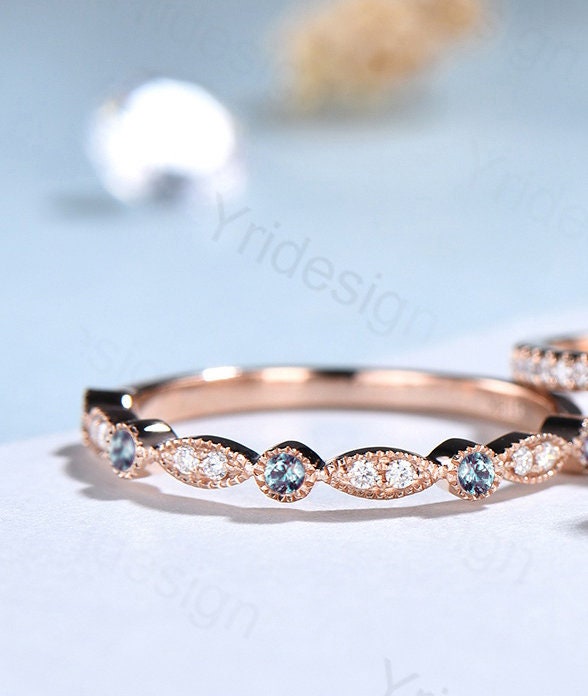 Vintage Cushion alexandrite wedding ring set 14k rose gold vintage alexandrite engagement ring set women Art deco halo diamond bridal set - PENFINE