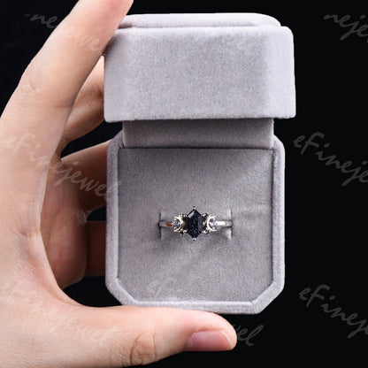 Hexagon Blue Sandstone Ring, Crescent Moon Goldstone, Black Spinel - PENFINE