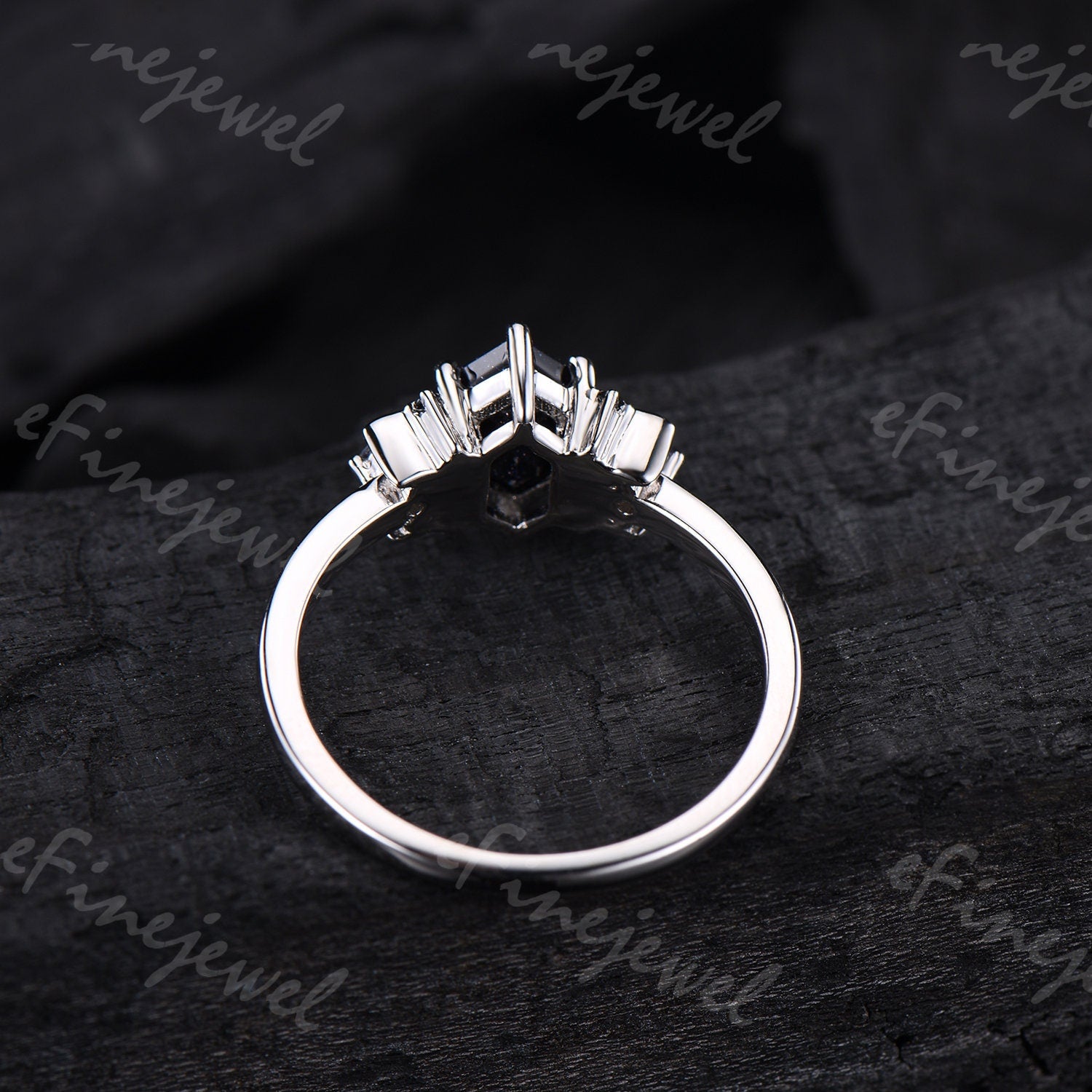 Hexagon Blue Sandstone Ring, Crescent Moon Goldstone, Black Spinel - PENFINE