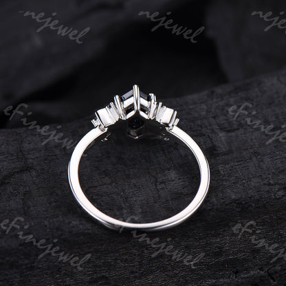 Hexagon Blue Sandstone Ring, Crescent Moon Goldstone, Black Spinel - PENFINE