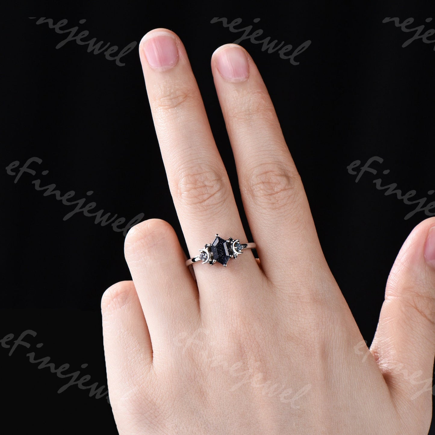 Hexagon Blue Sandstone Ring, Crescent Moon Goldstone, Black Spinel - PENFINE