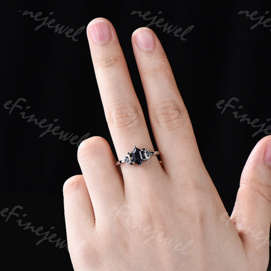 Hexagon Blue Sandstone Ring, Crescent Moon Goldstone, Black Spinel - PENFINE
