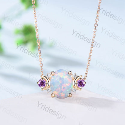 Vintage Moon Opal Amethyst Pendant Necklace Unique Nature Inspired Fire Opal Pendant Alternative Cute Amethyst Moissanite Necklace For Women - PENFINE