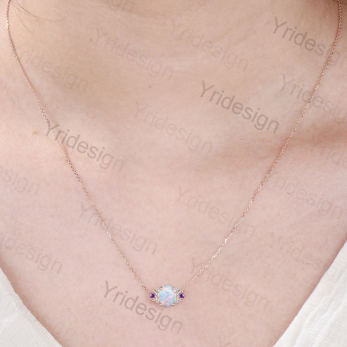 Vintage Moon Opal Amethyst Pendant Necklace Unique Nature Inspired Fire Opal Pendant Alternative Cute Amethyst Moissanite Necklace For Women - PENFINE