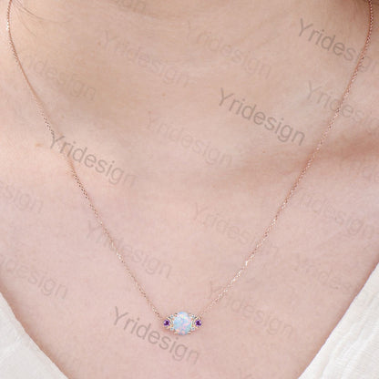 Vintage Moon Opal Amethyst Pendant Necklace Unique Nature Inspired Fire Opal Pendant Alternative Cute Amethyst Moissanite Necklace For Women - PENFINE