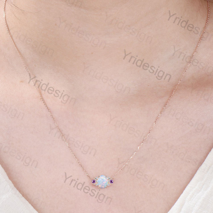 Vintage Moon Opal Amethyst Pendant Necklace Unique Nature Inspired Fire Opal Pendant Alternative Cute Amethyst Moissanite Necklace For Women - PENFINE