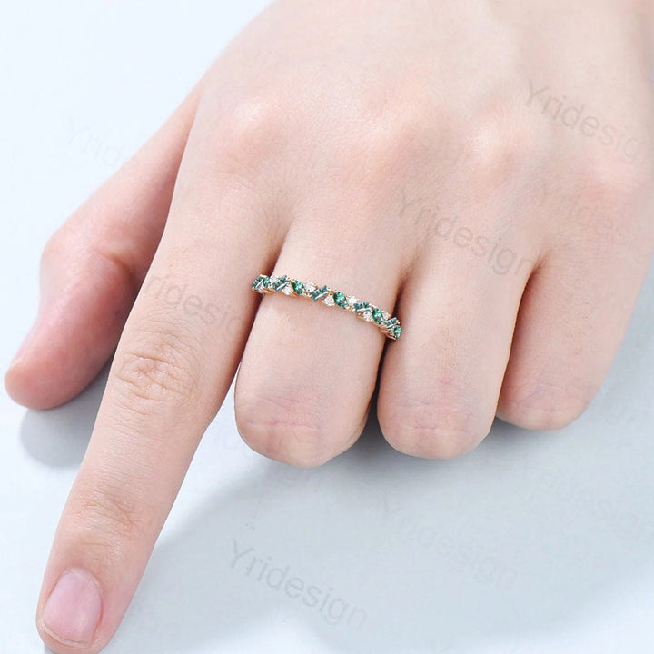 Vintage Moss Agate Emerald Eternity Wedding Band Women Unique Baguette Moss Stackable Ring Art Deco Green Crystal Matching Band For Women - PENFINE