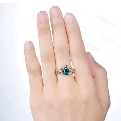 Nature Inspired pear emerald engagement ring set cluster green crystal wedding set vintage unique green stone Leaf bridal ring set for women - PENFINE