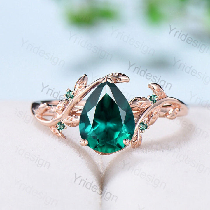 Nature Inspired pear emerald engagement ring set cluster green crystal wedding set vintage unique green stone Leaf bridal ring set for women - PENFINE