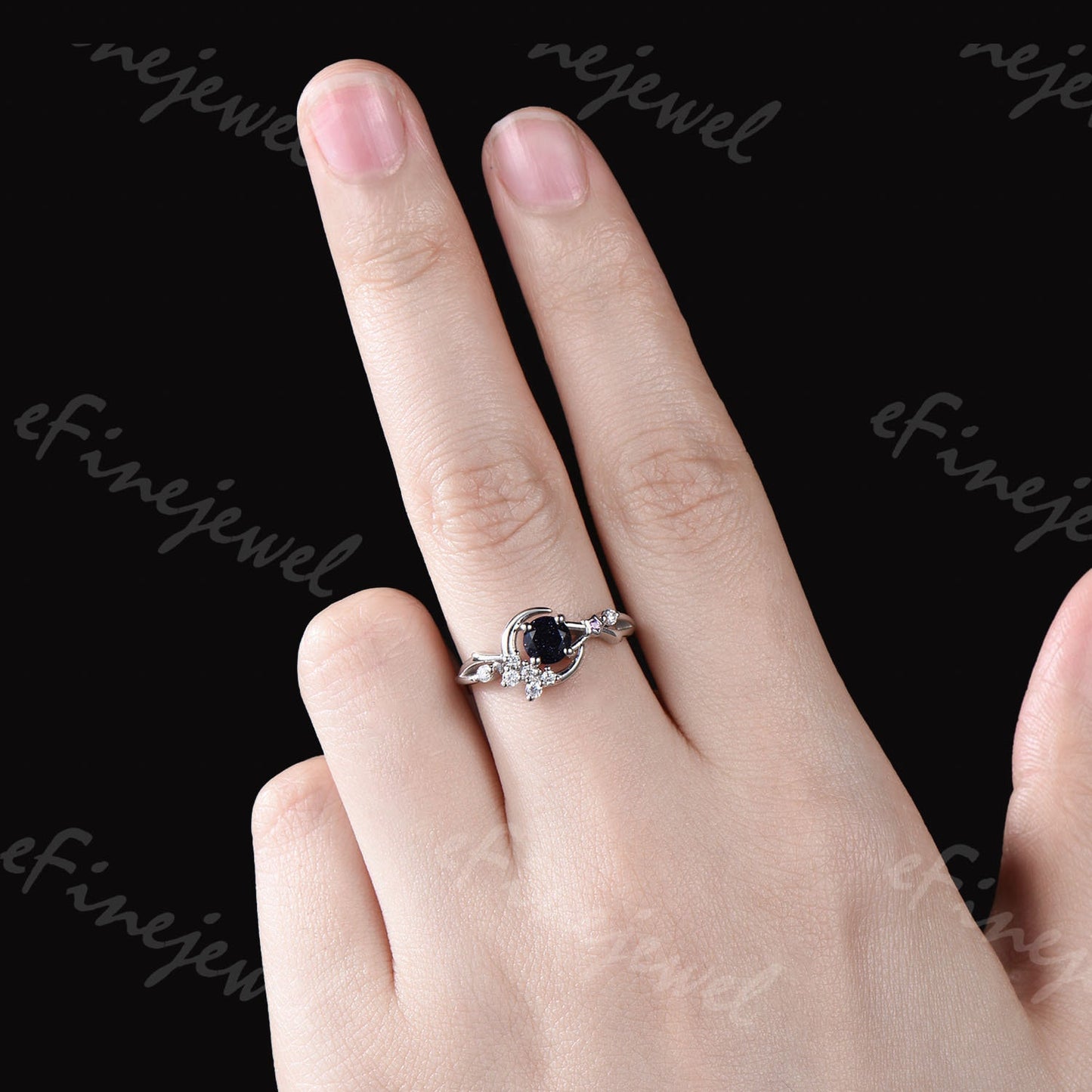 Blue Sandstone Engagement Ring, Moon Star Amethyst Wedding Ring - PENFINE
