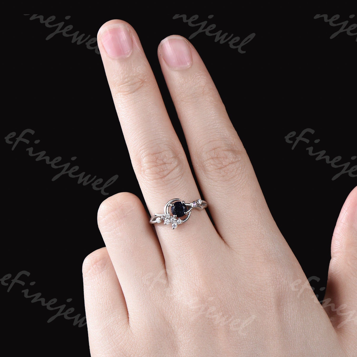 Blue Sandstone Engagement Ring, Moon Star Amethyst Wedding Ring - PENFINE