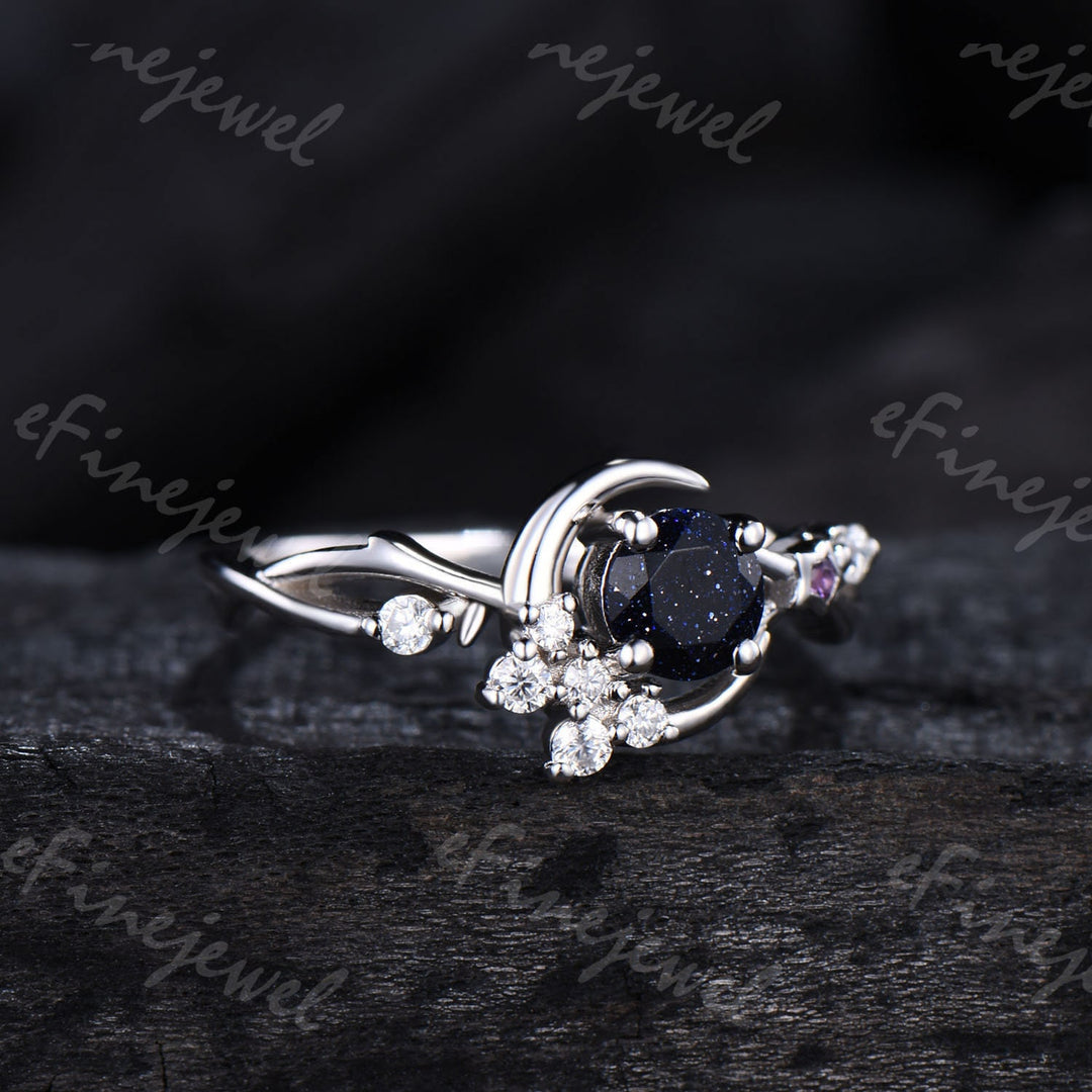 Blue Sandstone Engagement Ring, Moon Star Amethyst Wedding Ring - PENFINE