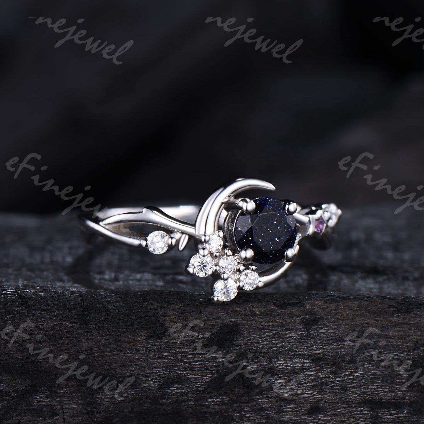 Blue Sandstone Engagement Ring, Moon Star Amethyst Wedding Ring - PENFINE