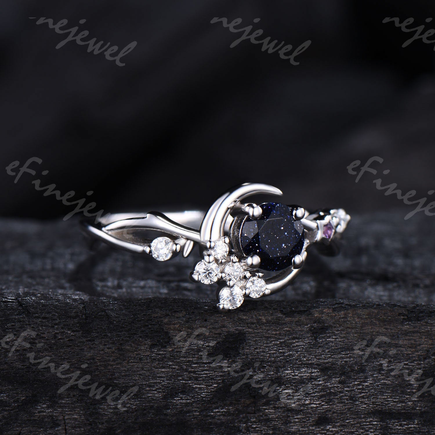 Blue Sandstone Engagement Ring, Moon Star Amethyst Wedding Ring - PENFINE