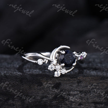 Blue Sandstone Engagement Ring, Moon Star Amethyst Wedding Ring - PENFINE