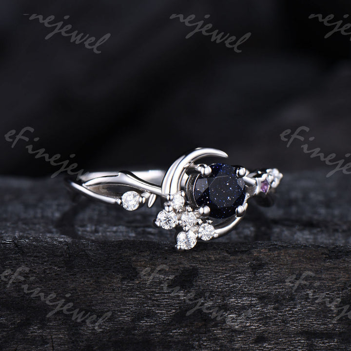 Blue Sandstone Engagement Ring, Moon Star Amethyst Wedding Ring - PENFINE