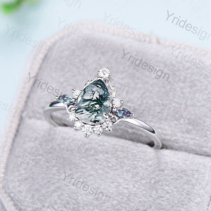 Unique Pear Shaped Moss Agate Ring Vintage  Alternative Alexandrite Opal Wedding Ring For Women Nature Inspired Cluster Leaves Promise Ring - PENFINE