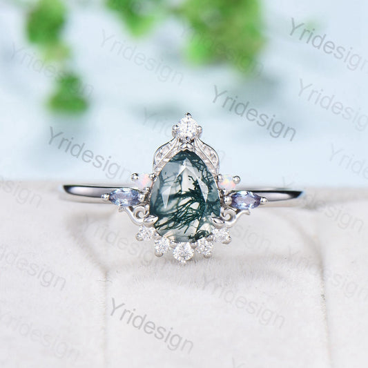 Unique Pear Shaped Moss Agate Ring Vintage  Alternative Alexandrite Opal Wedding Ring For Women Nature Inspired Cluster Leaves Promise Ring - PENFINE