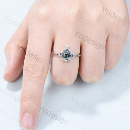 Unique Pear Shaped Moss Agate Ring Vintage  Alternative Alexandrite Opal Wedding Ring For Women Nature Inspired Cluster Leaves Promise Ring - PENFINE