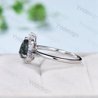 Unique Pear Shaped Moss Agate Ring Vintage  Alternative Alexandrite Opal Wedding Ring For Women Nature Inspired Cluster Leaves Promise Ring - PENFINE