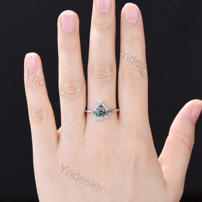 Unique Pear Shaped Moss Agate Ring Vintage  Alternative Alexandrite Opal Wedding Ring For Women Nature Inspired Cluster Leaves Promise Ring - PENFINE
