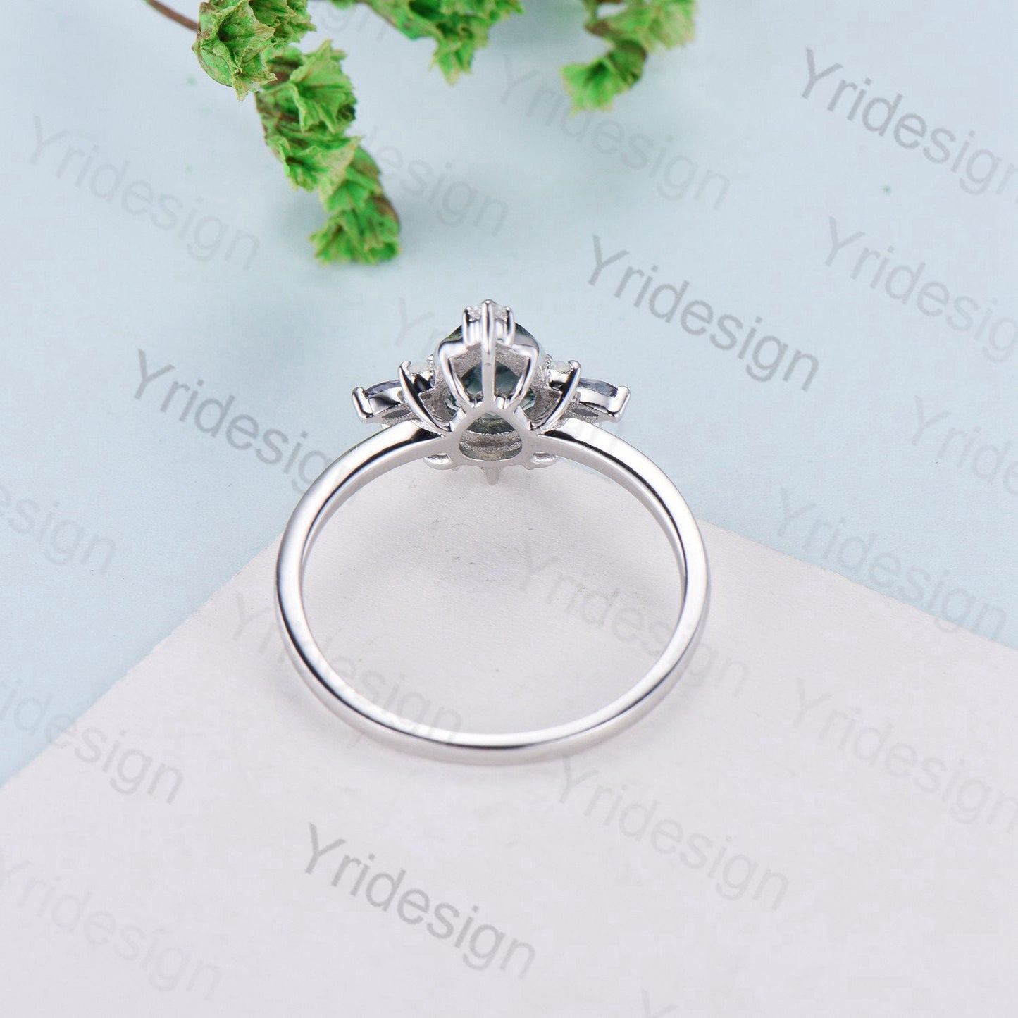 Unique Pear Shaped Moss Agate Ring Vintage  Alternative Alexandrite Opal Wedding Ring For Women Nature Inspired Cluster Leaves Promise Ring - PENFINE