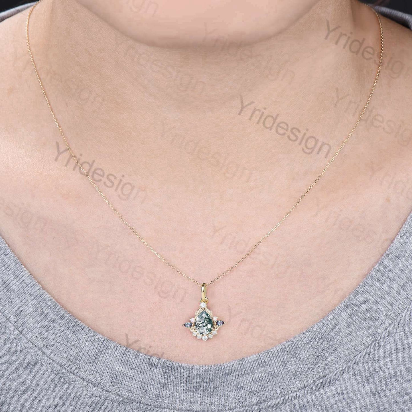 Unique Pear Shaped Moss Agate Pendant Necklace Vintage Alternative Alexandrite Opal Necklace For Women Nature Inspired Leaves Pendant - PENFINE