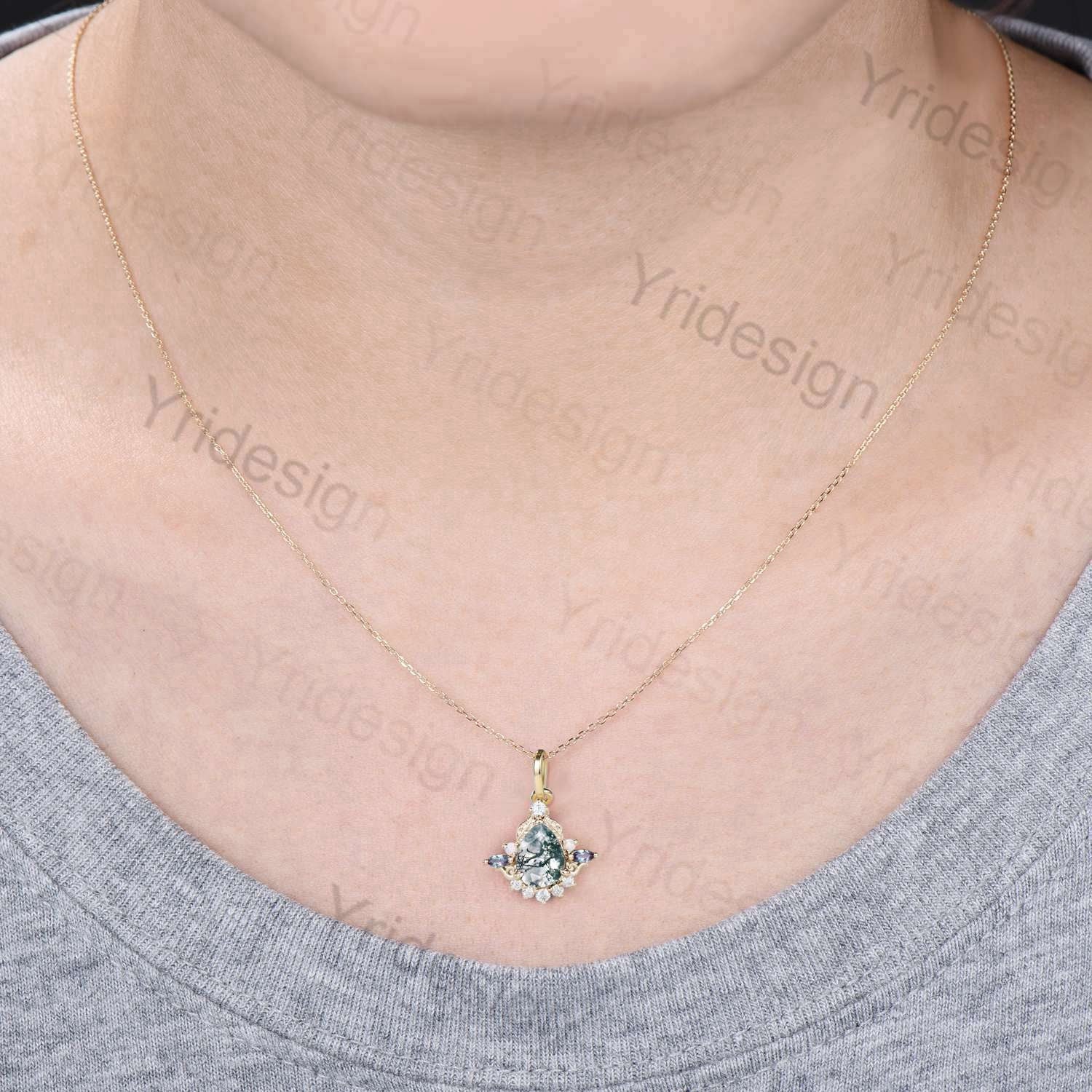Unique Pear Shaped Moss Agate Pendant Necklace Vintage Alternative Alexandrite Opal Necklace For Women Nature Inspired Leaves Pendant - PENFINE