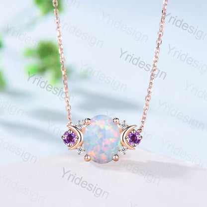 Vintage Moon Opal Amethyst Pendant Necklace Unique Nature Inspired Fire Opal Pendant Alternative Cute Amethyst Moissanite Necklace For Women - PENFINE
