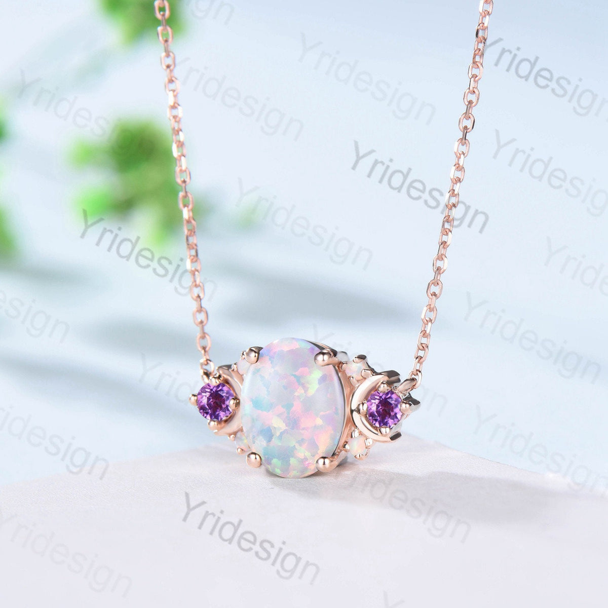 Vintage Moon Opal Amethyst Pendant Necklace Unique Nature Inspired Fire Opal Pendant Alternative Cute Amethyst Moissanite Necklace For Women - PENFINE