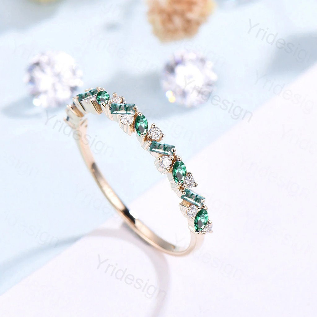 Vintage Moss Agate Emerald Eternity Wedding Band Women Unique Baguette Moss Stackable Ring Art Deco Green Crystal Matching Band For Women - PENFINE