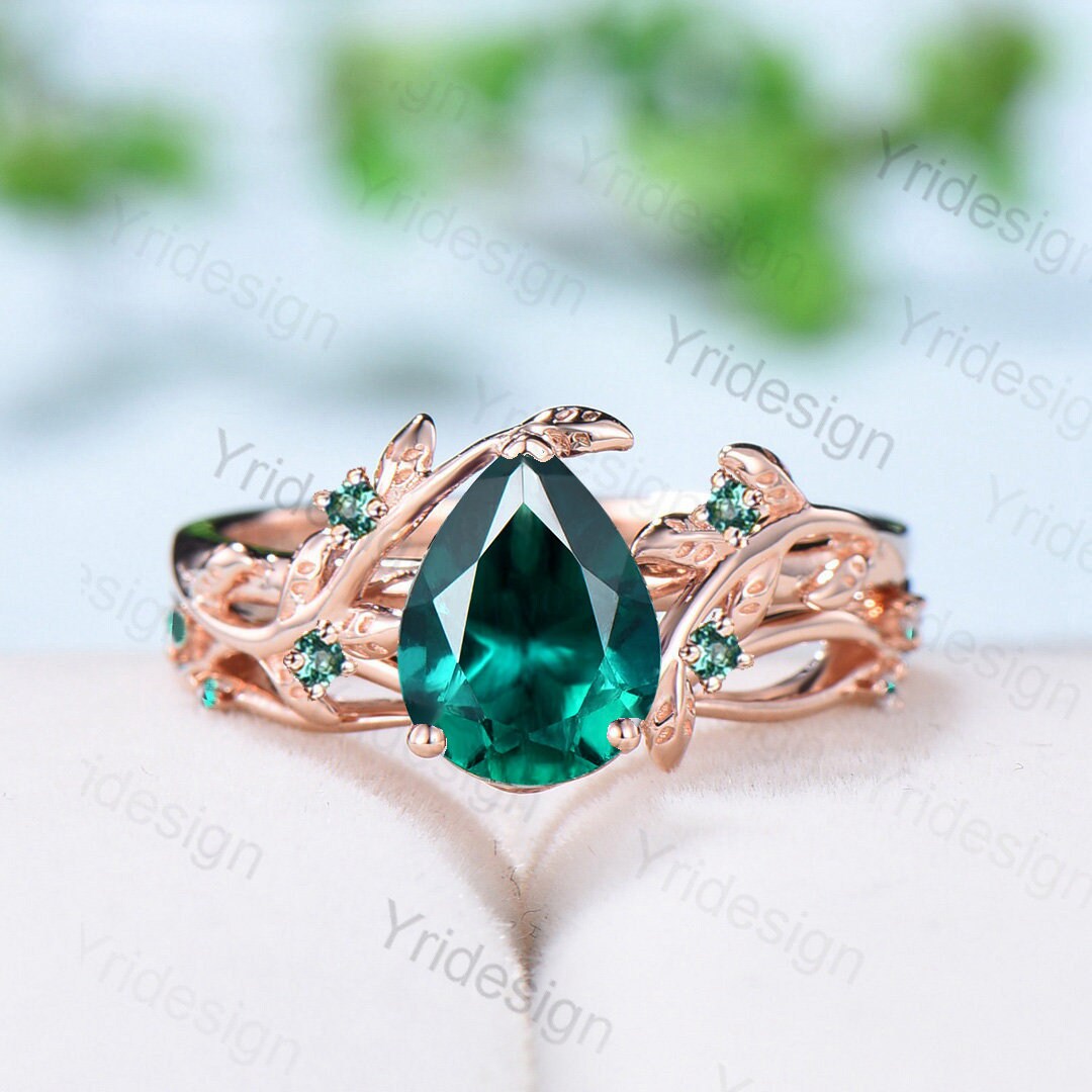 Nature Inspired pear emerald engagement ring set cluster green crystal wedding set vintage unique green stone Leaf bridal ring set for women - PENFINE