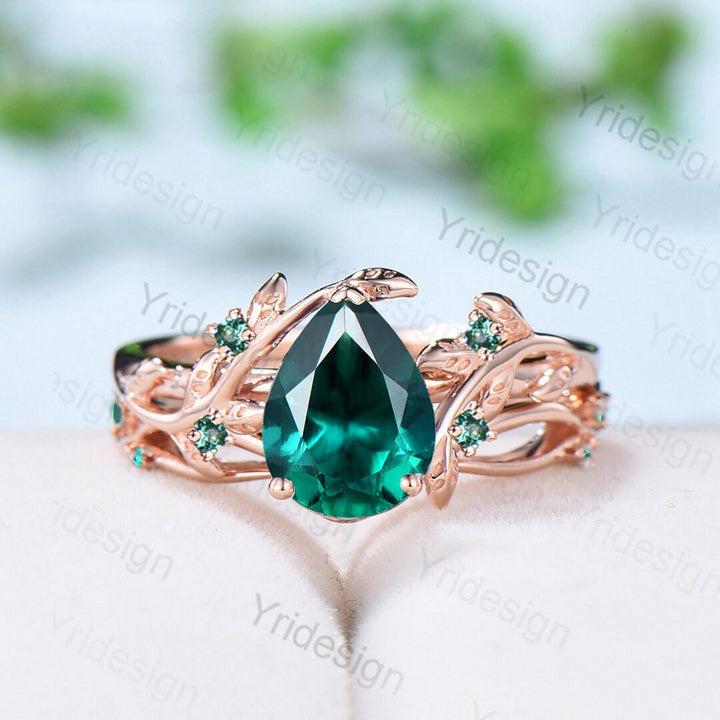 Nature Inspired pear emerald engagement ring set cluster green crystal wedding set vintage unique green stone Leaf bridal ring set for women - PENFINE