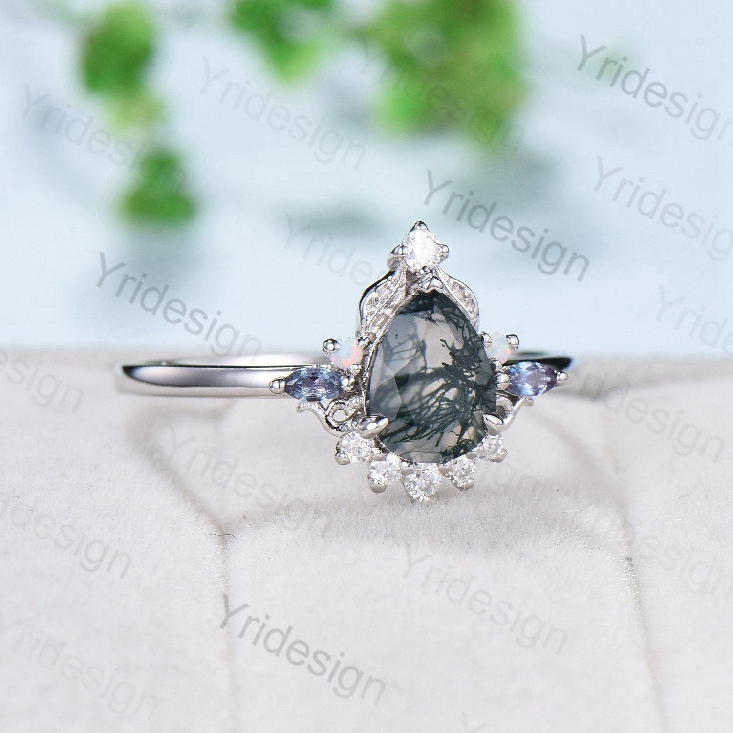 Unique Pear Shaped Moss Agate Ring Vintage  Alternative Alexandrite Opal Wedding Ring For Women Nature Inspired Cluster Leaves Promise Ring - PENFINE