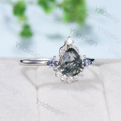 Unique Pear Shaped Moss Agate Ring Vintage  Alternative Alexandrite Opal Wedding Ring For Women Nature Inspired Cluster Leaves Promise Ring - PENFINE
