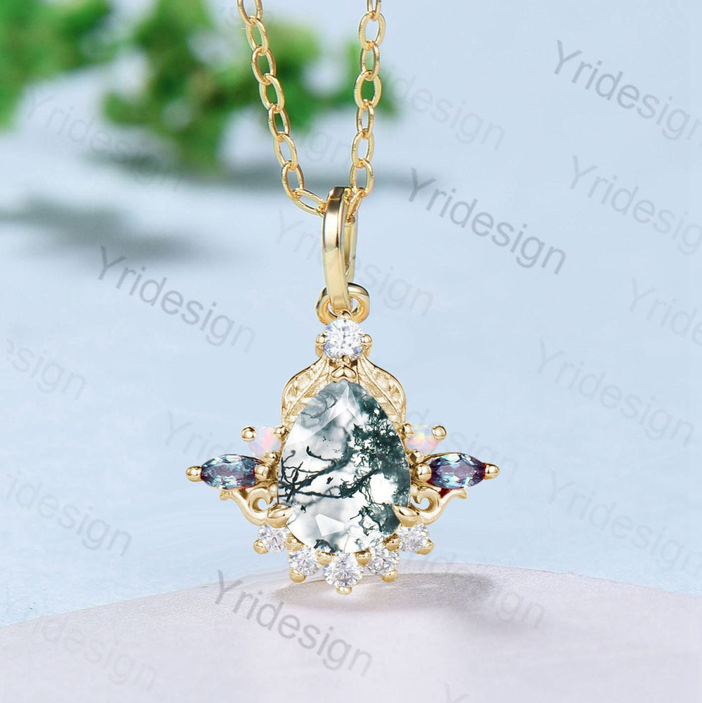 Unique Pear Shaped Moss Agate Pendant Necklace Vintage Alternative Alexandrite Opal Necklace For Women Nature Inspired Leaves Pendant - PENFINE