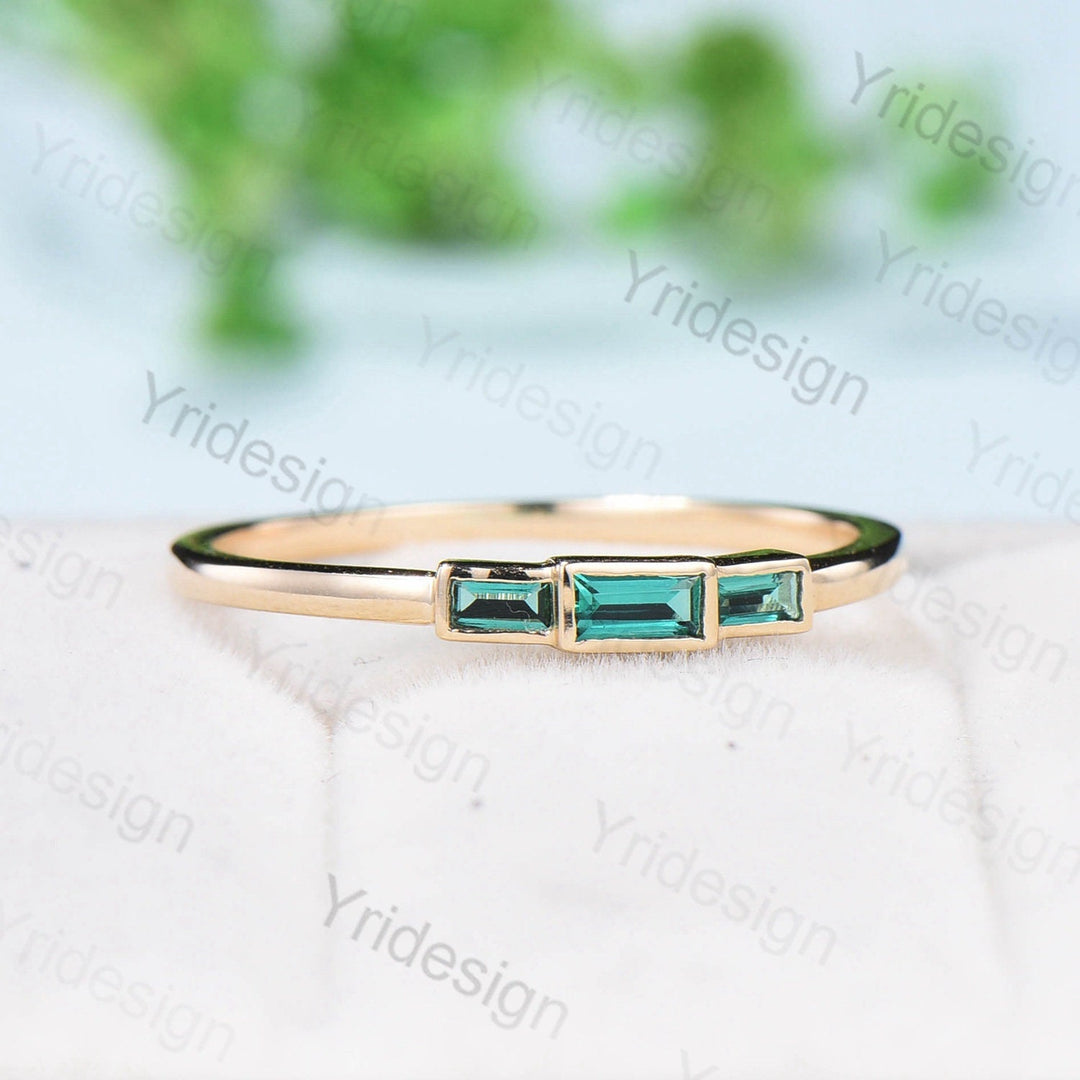 Black Gold Emerald Ring, Baguette Three Stone Promise Ring - PENFINE