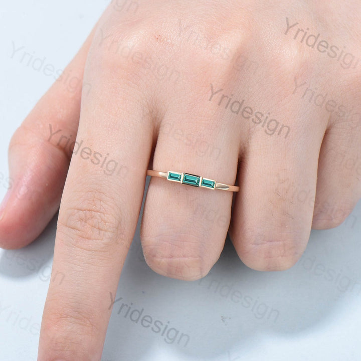 Black Gold Emerald Ring, Baguette Three Stone Promise Ring - PENFINE